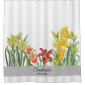 水彩オレンジイエローフラワーストライプズ シャワーカーテン (正面)