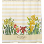 水彩オレンジイエローフラワーベージュストライプ色 シャワーカーテン (正面)