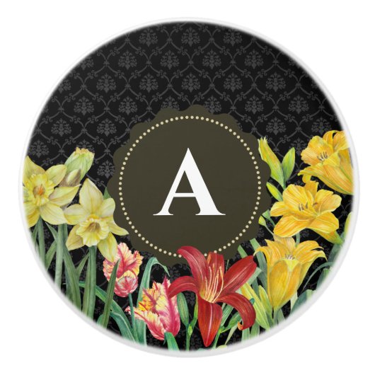 水彩オレンジイエロー春の花ダマスク セラミックノブ (正面)