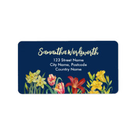 水彩オレンジイエロー春の花ネイビーブルー ラベル