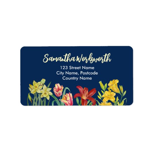 水彩オレンジイエロー春の花ネイビーブルー ラベル (正面)