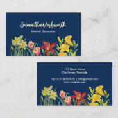 水彩オレンジイエロー春の花ネイビーブルー 名刺 (正面/裏面)