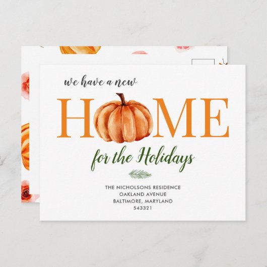 水彩オレンジカボチャ，引っ越した新しい家  案内ポストカード (正面/裏面)
