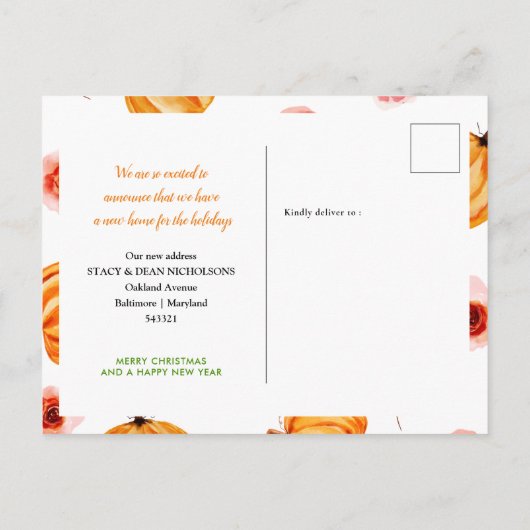 水彩オレンジカボチャ，引っ越した新しい家  案内ポストカード (裏面)