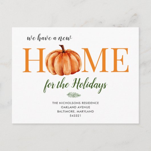 水彩オレンジカボチャ，引っ越した新しい家  案内ポストカード (正面)
