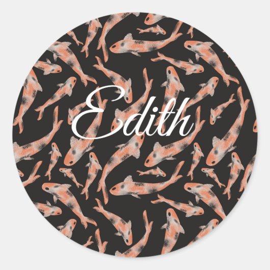 水彩オレンジコイフィッシュブラックパーソナライズされた ラウンドシール (正面)