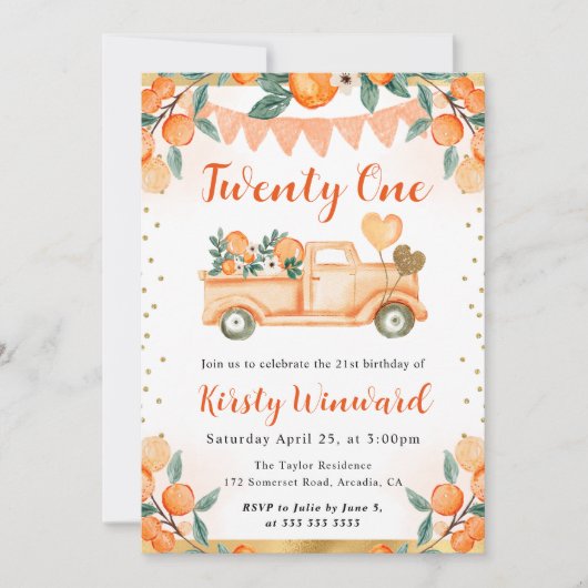 水彩オレンジトラックと花21歳の誕生日 招待状 (正面)
