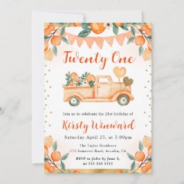 水彩オレンジトラックと花21歳の誕生日 招待状