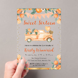水彩オレンジトラックと花Sweet sixteen アクリル招待状