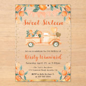 水彩オレンジトラックと花Sweet sixteen アクリル招待状 (正面)