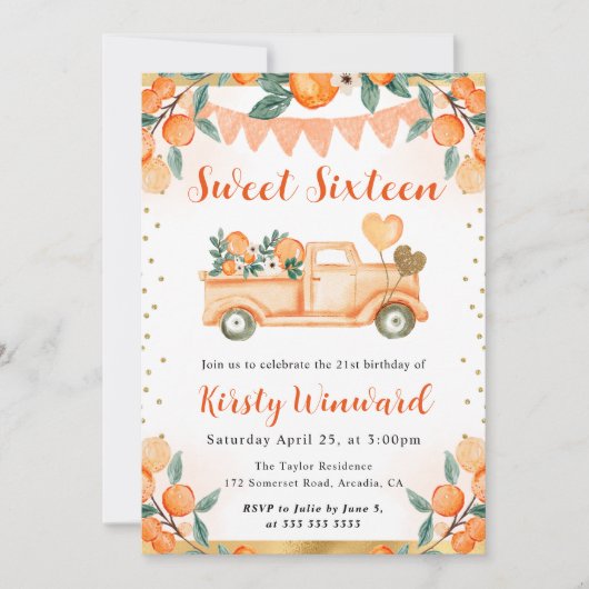 水彩オレンジトラックと花Sweet sixteen 招待状 (正面)