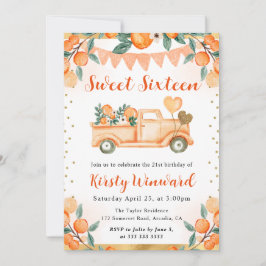 水彩オレンジトラックと花Sweet sixteen 招待状