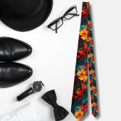 水彩オレンジハワイアン模様モンステラ ネクタイ