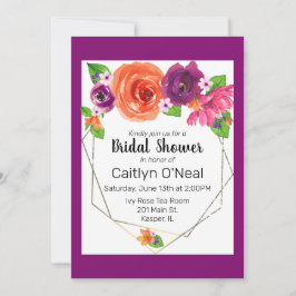 水彩オレンジパープルピンクフローラ金ゴールドフレーム 招待状