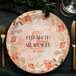 水彩オレンジフラワーズブライダルシャワー ペーパープレート