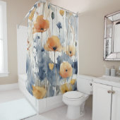 水彩オレンジフラワーズブルーインディゴデザイン347 シャワーカーテン (インサイチュ)