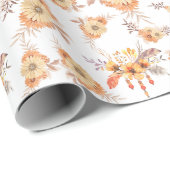 水彩オレンジフラワーフローラ葉ボホー ラッピングペーパー (ロールコーナー)