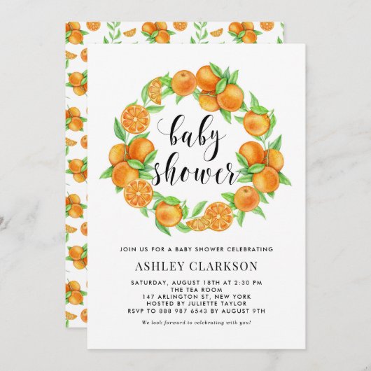 水彩オレンジフルーツリースサマーベビーシャワー 招待状 (正面/裏面)
