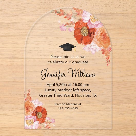 水彩オレンジフローラパーティー卒業アーチ アクリル招待状 (正面)