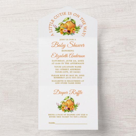 水彩オレンジフローラリトルかわいこちゃんシャワー オールインワン招待状 (内側)