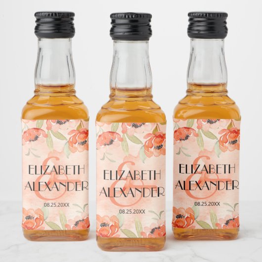 水彩オレンジフローラ結婚ズミニ リキュールボトルラベル (ボトル)