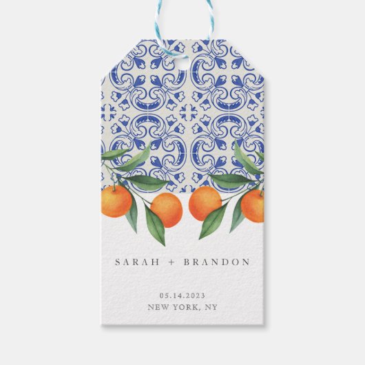 水彩オレンジブルー地中海のタ結婚イル ギフトタグ (正面)