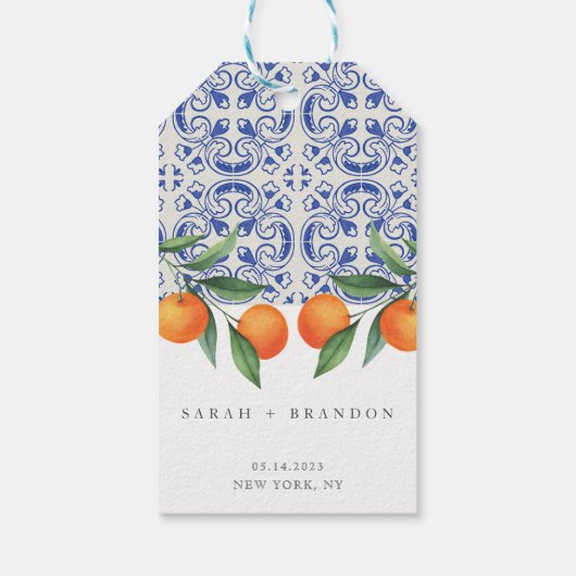水彩オレンジブルー地中海のタ結婚イル ギフトタグ (裏面)