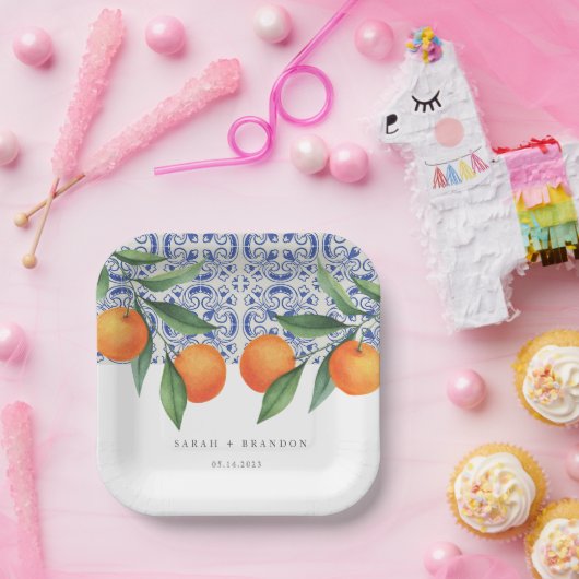 水彩オレンジブルー地中海のタ結婚イル ペーパープレート (パーティー)