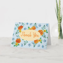 水彩オレンジマリゴールド花ライトブルー サンキューカード