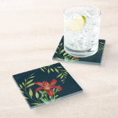 水彩オレンジリリーイラストレーションダークブルー ガラスコースター (アングル)