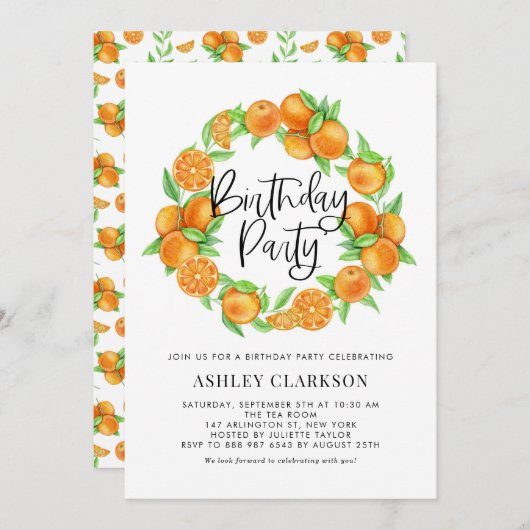 水彩オレンジリースサマーバースデーパーティー 招待状 (正面/裏面)
