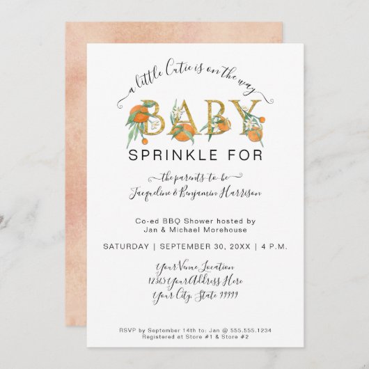 水彩オレンジ小さなかわいこちゃん赤ちゃんシャワー 招待状 (正面/裏面)