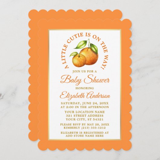 水彩オレンジ小さなかわいこちゃん金ゴールドフレームシャワー 招待状 (正面/裏面)