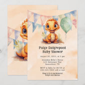 水彩オレンジ恐竜の男の子の赤ちゃんシャワー 招待状 (正面/裏面)
