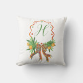 水彩オレンジ格子弓クリスマスモノグラム クッション (正面)