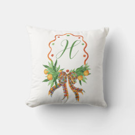 水彩オレンジ格子弓クリスマスモノグラム クッション