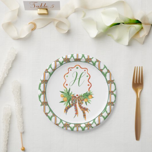 水彩オレンジ格子弓クリスマスモノグラム ペーパープレート (ウェディング)