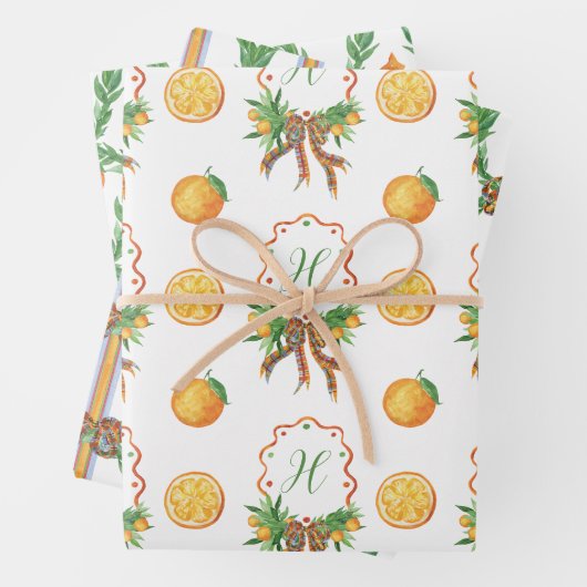 水彩オレンジ格子弓クリスマスモノグラム ラッピングペーパーシート (インサイチュ)