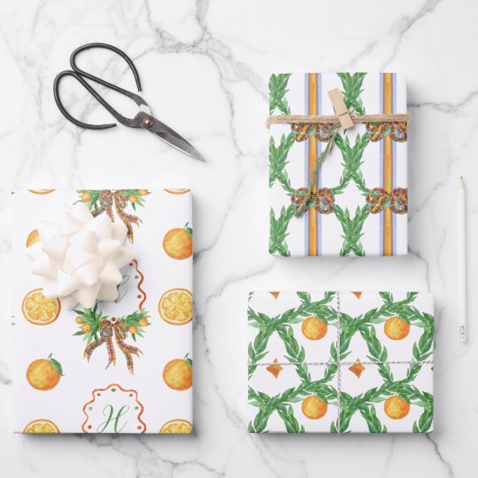 水彩オレンジ格子弓クリスマスモノグラム ラッピングペーパーシート (正面)