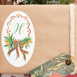 水彩オレンジ格子弓クリスマスモノグラム 楕円形シール