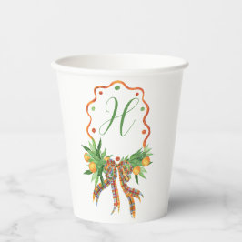 水彩オレンジ格子弓クリスマスモノグラム 紙コップ