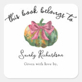 水彩オレンジ色のぼうが付いたかぼちゃのベイビーシャワーブックプレート スクエアシール (正面)