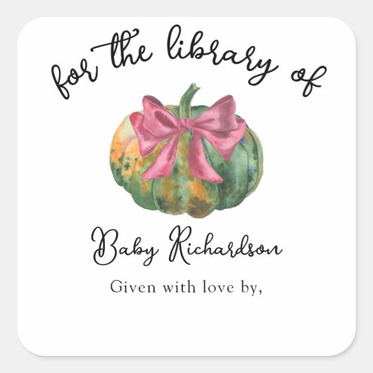 水彩オレンジ色のぼうが付いたかぼちゃのベビーシャワー ブックプレート スクエアシール (正面)