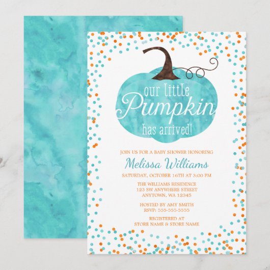 水彩オレンジ色のカボチャが届いた 秋の男の子ベイビーシャワー 招待状 (正面/裏面)