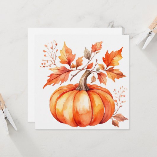 水彩オレンジ色のカボチャと秋の葉 カード (正面/裏面インサイチュ)