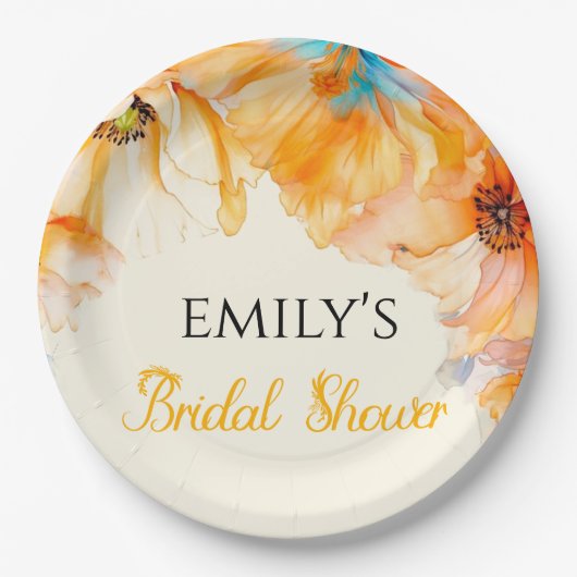 水彩オレンジ色のポピー咲く ブライダルシャワー ペーパープレート (正面)