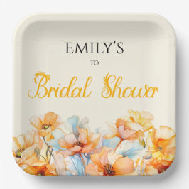 水彩オレンジ色のポピー咲く ブライダルシャワー ペーパープレート