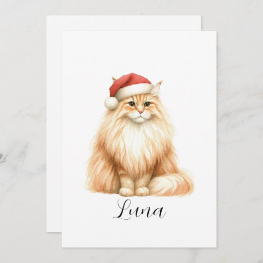水彩オレンジ色の猫のサンタ帽子ホリデーカード シーズンカード (正面/裏面)