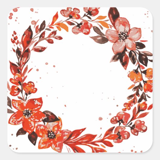 水彩オレンジ色の花 スクエアシール (正面)