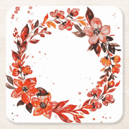 水彩オレンジ色の花 スクエアペーパーコースター